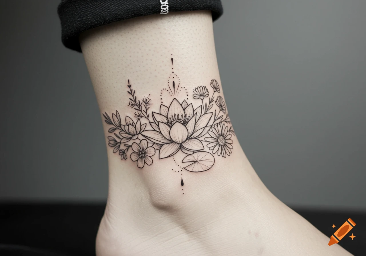 Detailed black ink floral tattoo featuring a lotus and other flowers on an ankle, with fine lines.