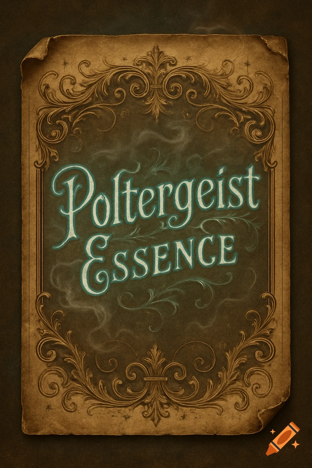 A vintage apothecary style label with ornate gold scrollwork on distressed parchment, featuring the text 'Poltergeist Essence' in a decorative teal font.