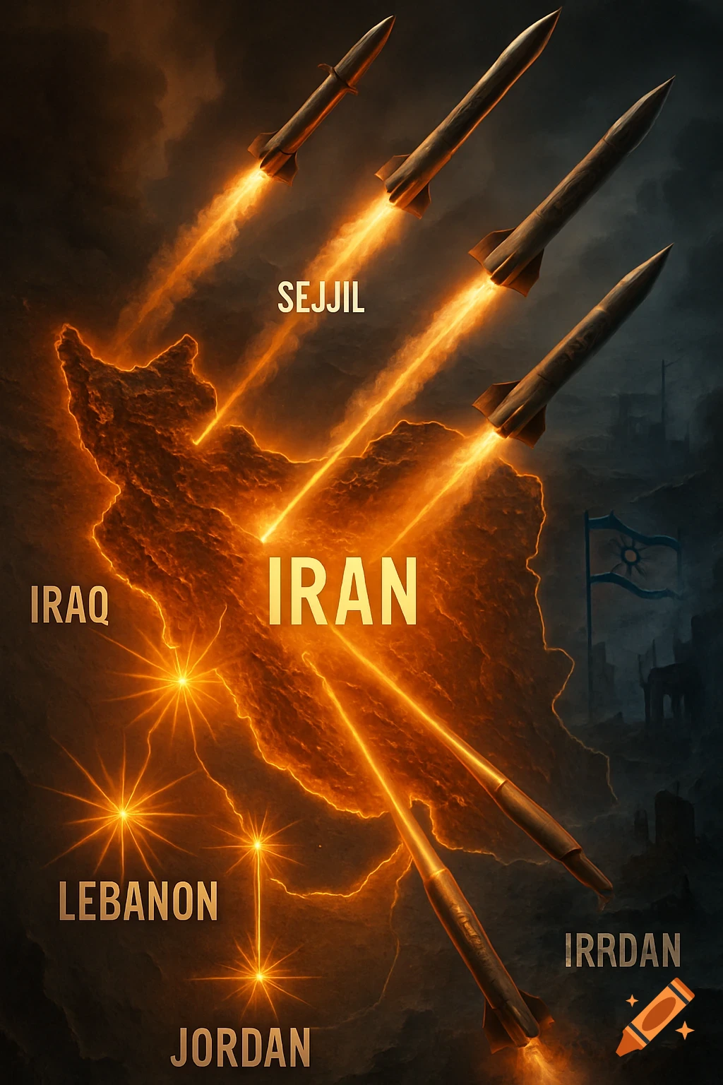 A stylized map showing Iran as a fiery, molten core with glowing borders. Five missiles with fiery trails launch from within Iran, pointing towards 'IRAQ', 'LEBANON', and 'JORDAN' which are marked with glowing starbursts. One missile is labeled 'SEJJIL', and another area is mislabeled 'IRRDAN'. The background depicts a dark, ruined landscape with a flag resembling the Israeli flag.