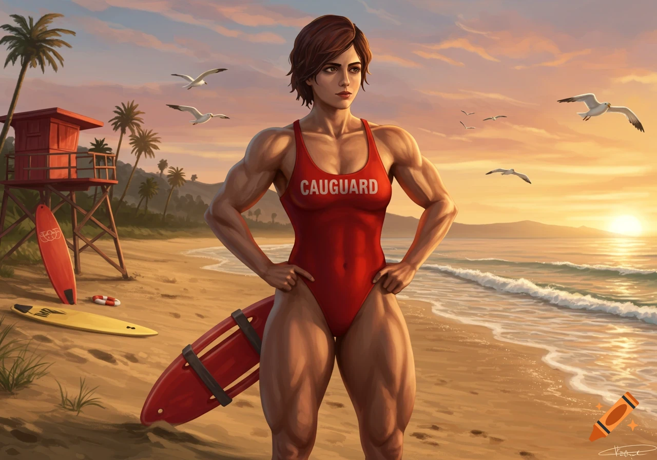 Muscular female lifeguard in a red swimsuit stands on a beach with a red surfboard at sunset, digital art.
