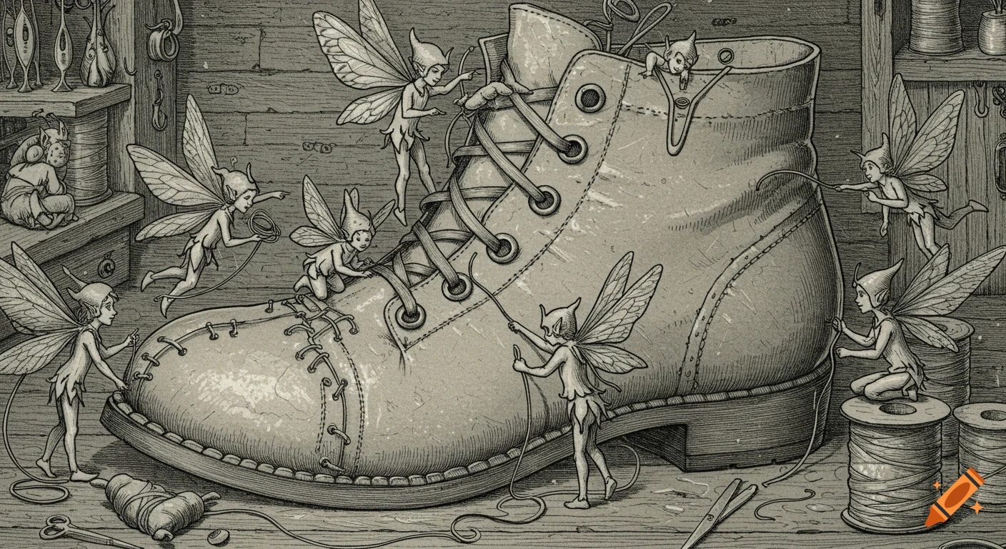 Detailed black ink illustration of small fairies working together to make a large human-sized boot in a workshop.