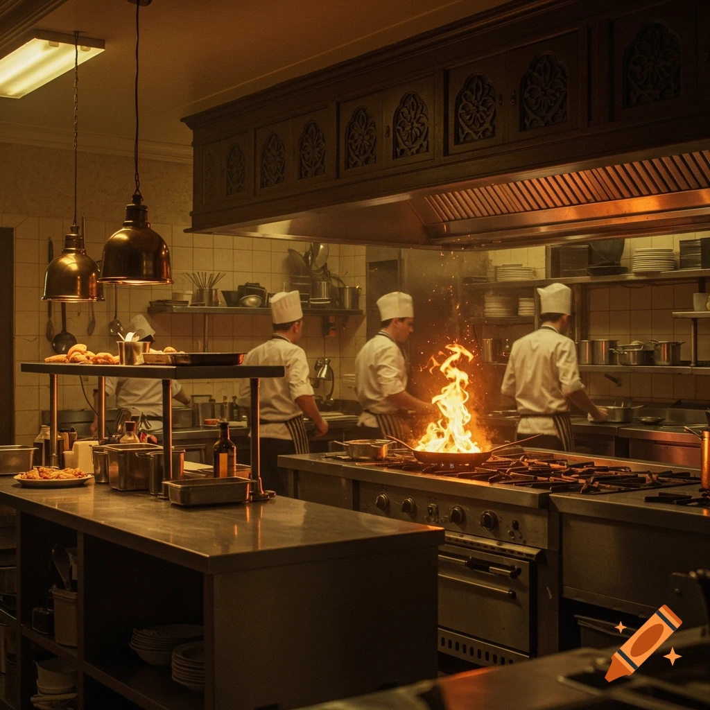 Photorealistic image of chefs cooking in a bustling, warmly lit restaurant kitchen, with a large flame rising from a pan on a stove.