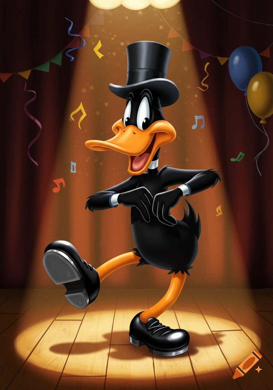 Daffy Duck in a top hat and tap shoes tap dances under a spotlight on a stage with streamers and balloons.