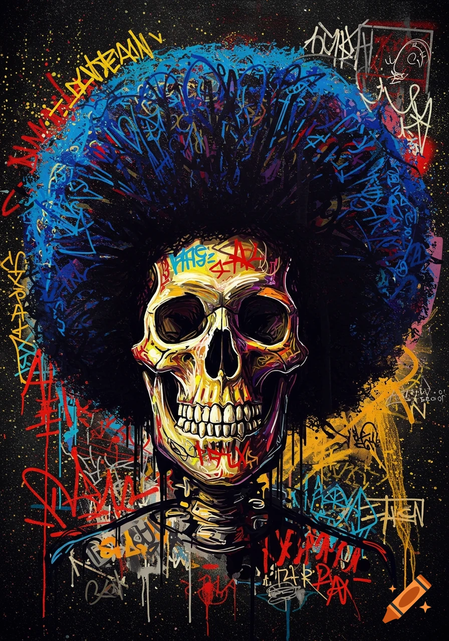 A colorful, stylized skull with a large, textured afro, covered in graffiti and paint splatters on a dark background, in the style of Basquiat.