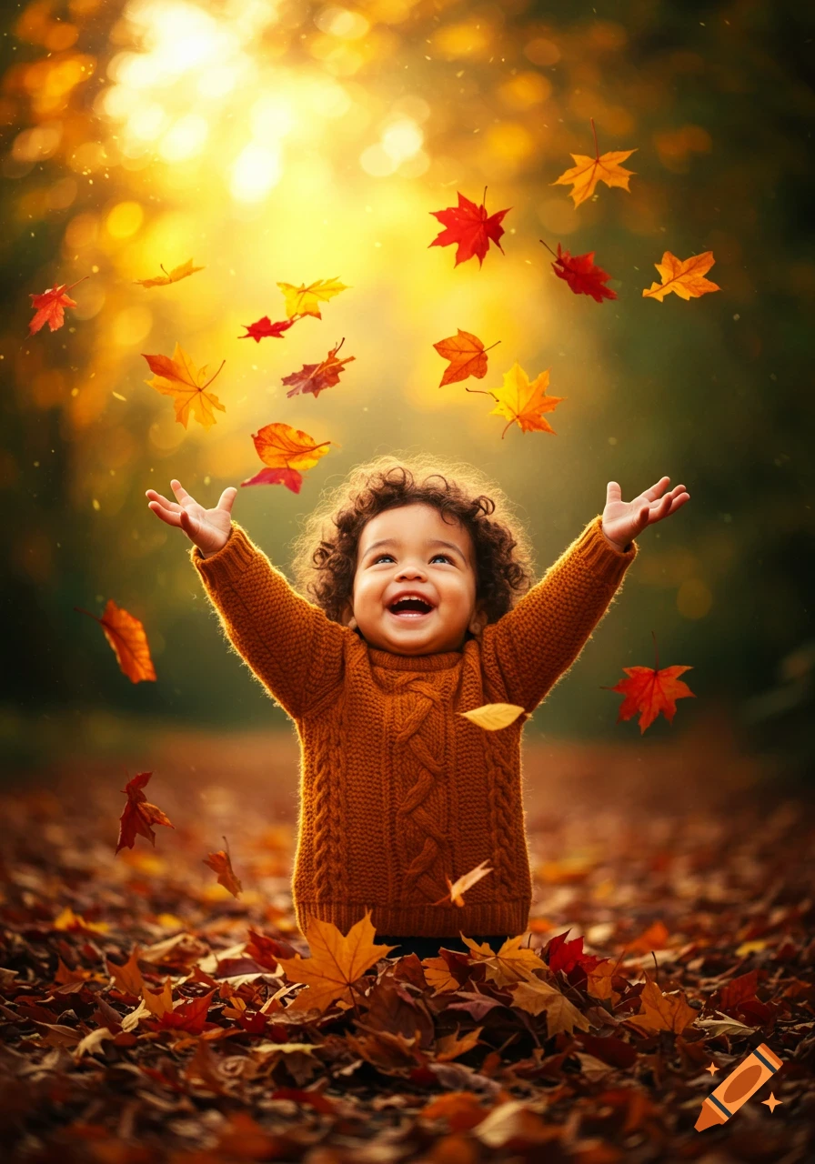 A happy child with curly hair smiles with arms raised as colorful ...