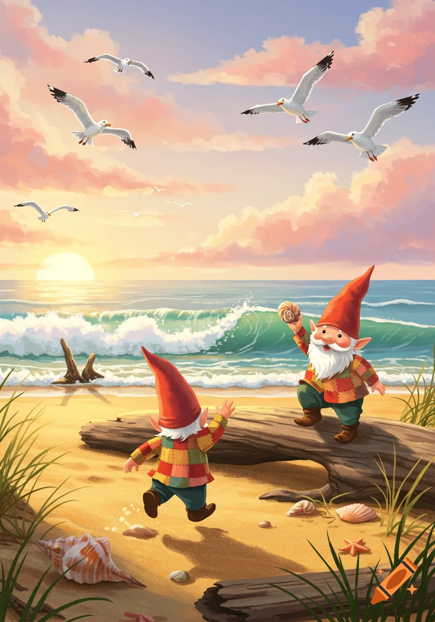 Two whimsical gnomes on a beach at sunset, one holding a seashell, with ocean waves and seagulls flying. Illustrated.