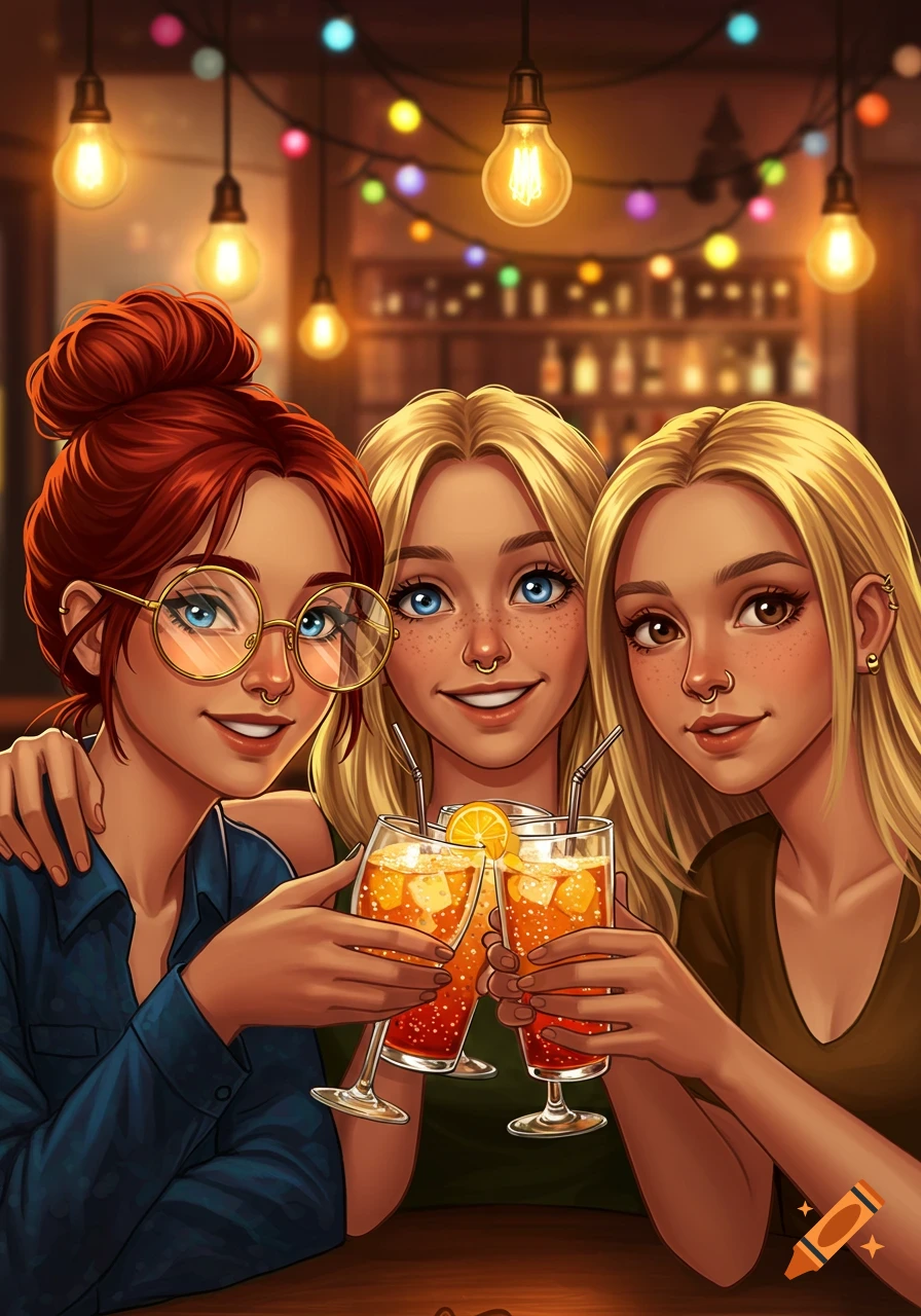 Three cartoon-style friends with diverse features toast drinks in a dimly lit bar with string lights.