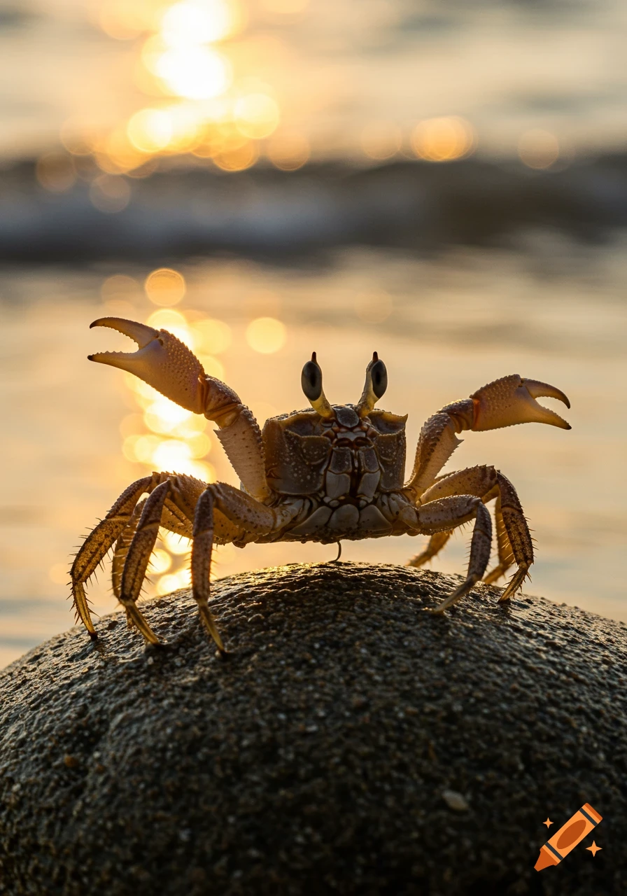 A detailed photorealistic shot of a crab on a rock at sunset, with golden bokeh in the background.