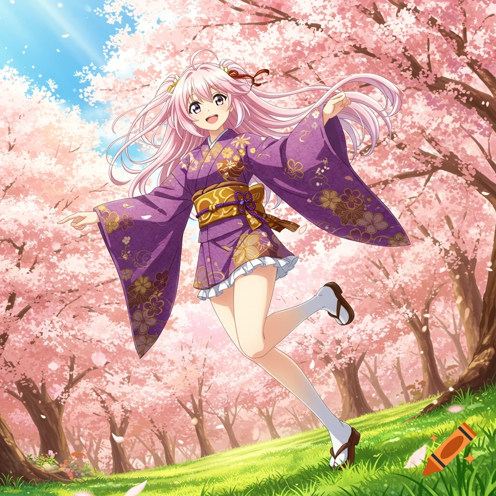 Smiling anime girl with pink hair and a purple kimono running through a field of cherry blossom trees.