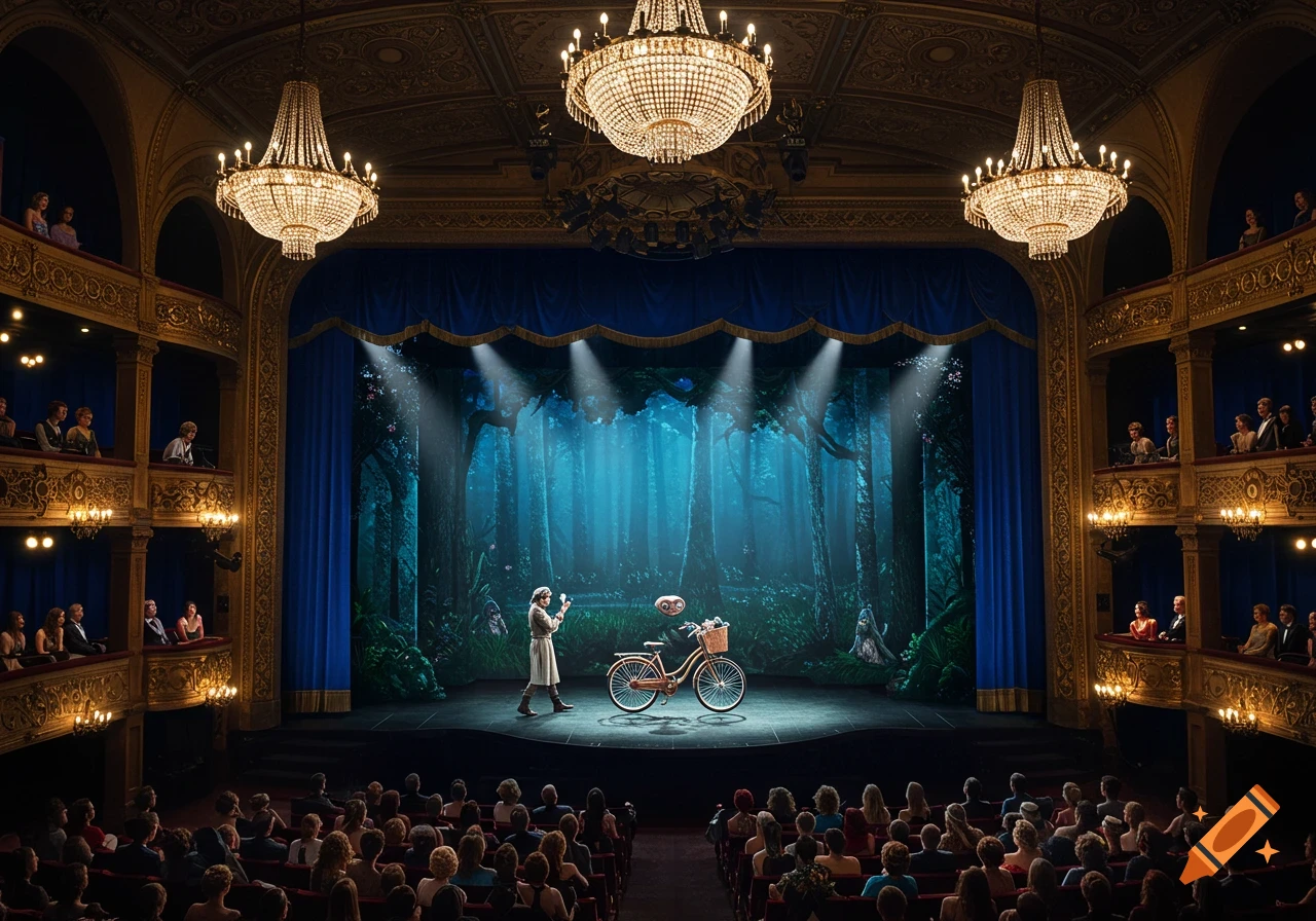 A broadway theater stage shows E.T. and Elliott with a bicycle against a forest backdrop, observed by an audience.