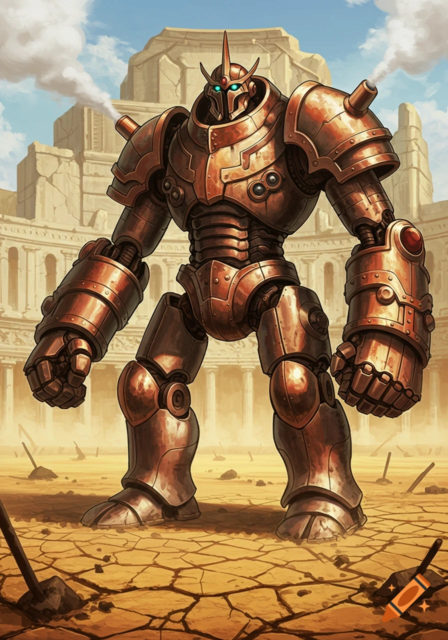A towering bronze-armored robot with glowing blue eyes stands in a ruined desert arena under a cloudy sky.