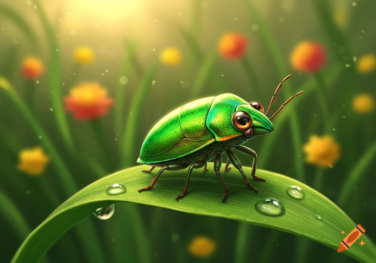 A vibrant green, cute, stylized bug with large eyes sits on a dewy green leaf, with a soft, blurred background of flowers and sunlight.