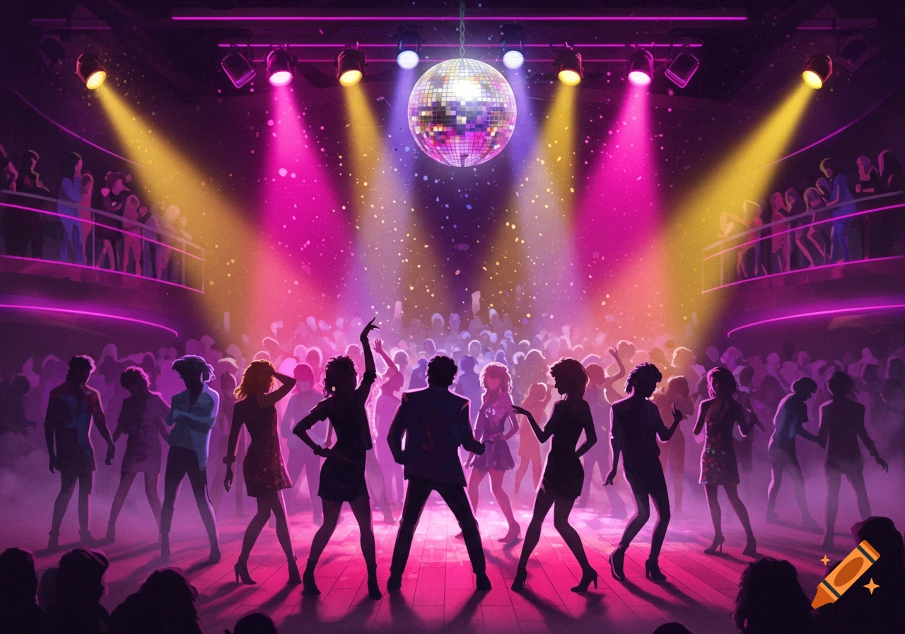 Vibrant stylized illustration of people dancing under a disco ball and spotlights in a nightclub.