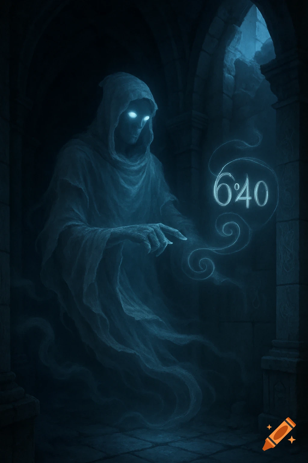 A hooded blue ghost with glowing eyes points to glowing ethereal numbers '6°40' in a dark stone crypt.