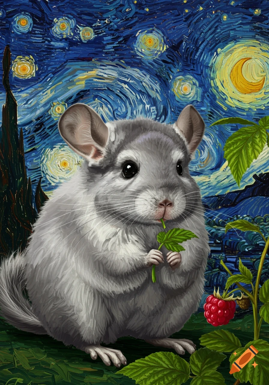 A cute chinchilla eats a raspberry leaf, depicted in the iconic swirling, starry style of Van Gogh's painting.
