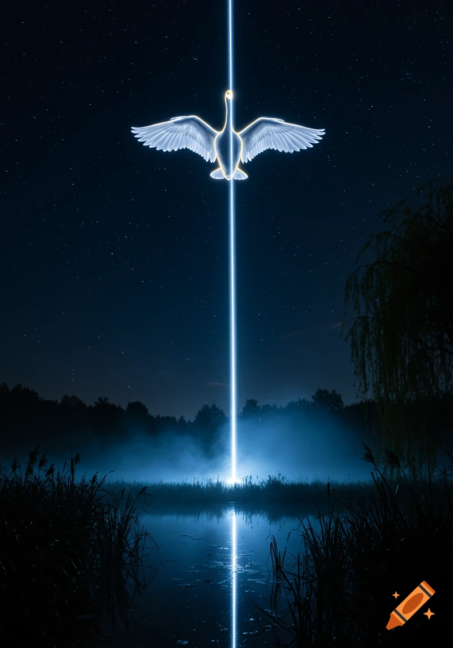 A glowing white swan with a golden outline ascends a brilliant blue light beam from a misty lake into a starry night sky.