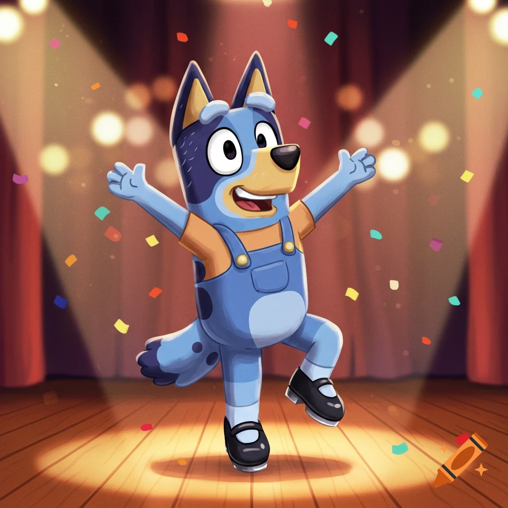 Bluey the cartoon dog tap dancing on a brightly lit stage with confetti falling.