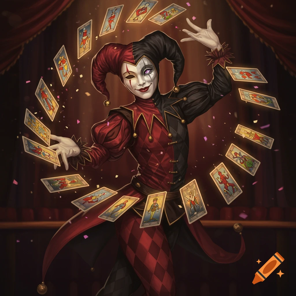 A masked harlequin jester in a red and black costume juggles glowing tarot cards amidst confetti on a stage.