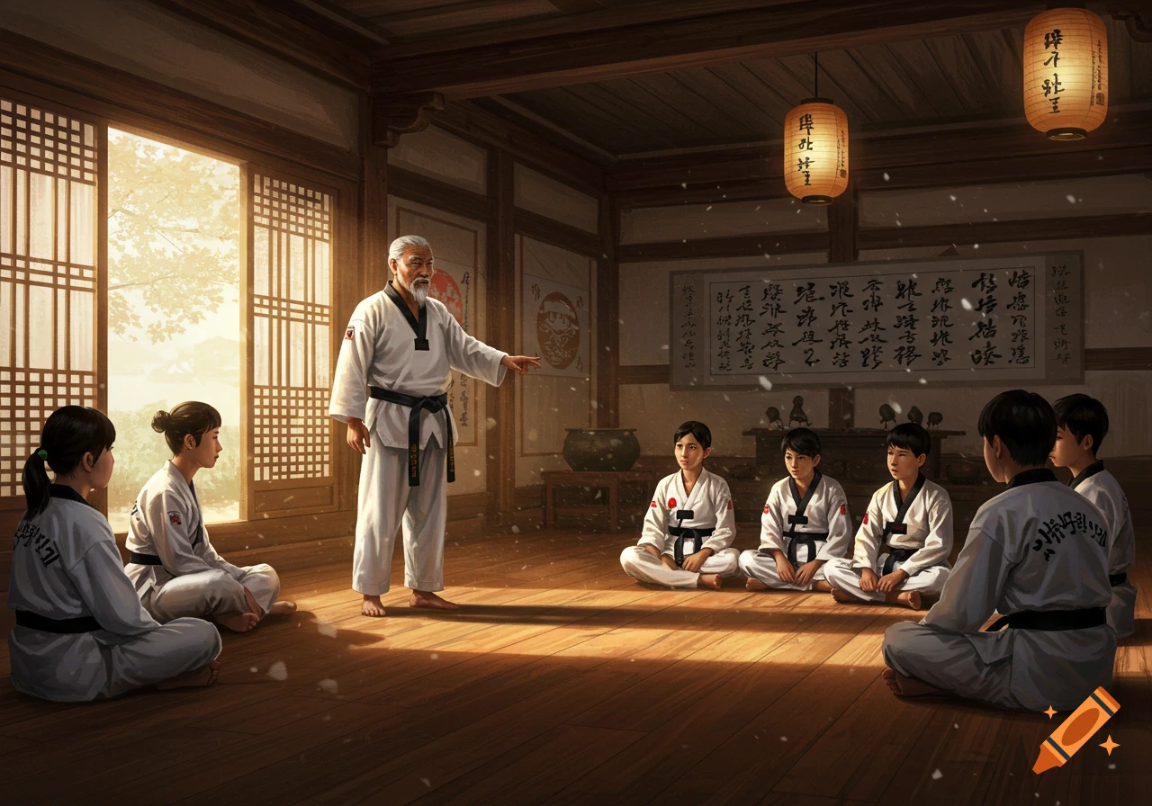 An old martial arts master in a white uniform teaching children in a traditional dojo with wooden floors and paper screens, bathed in sunlight.