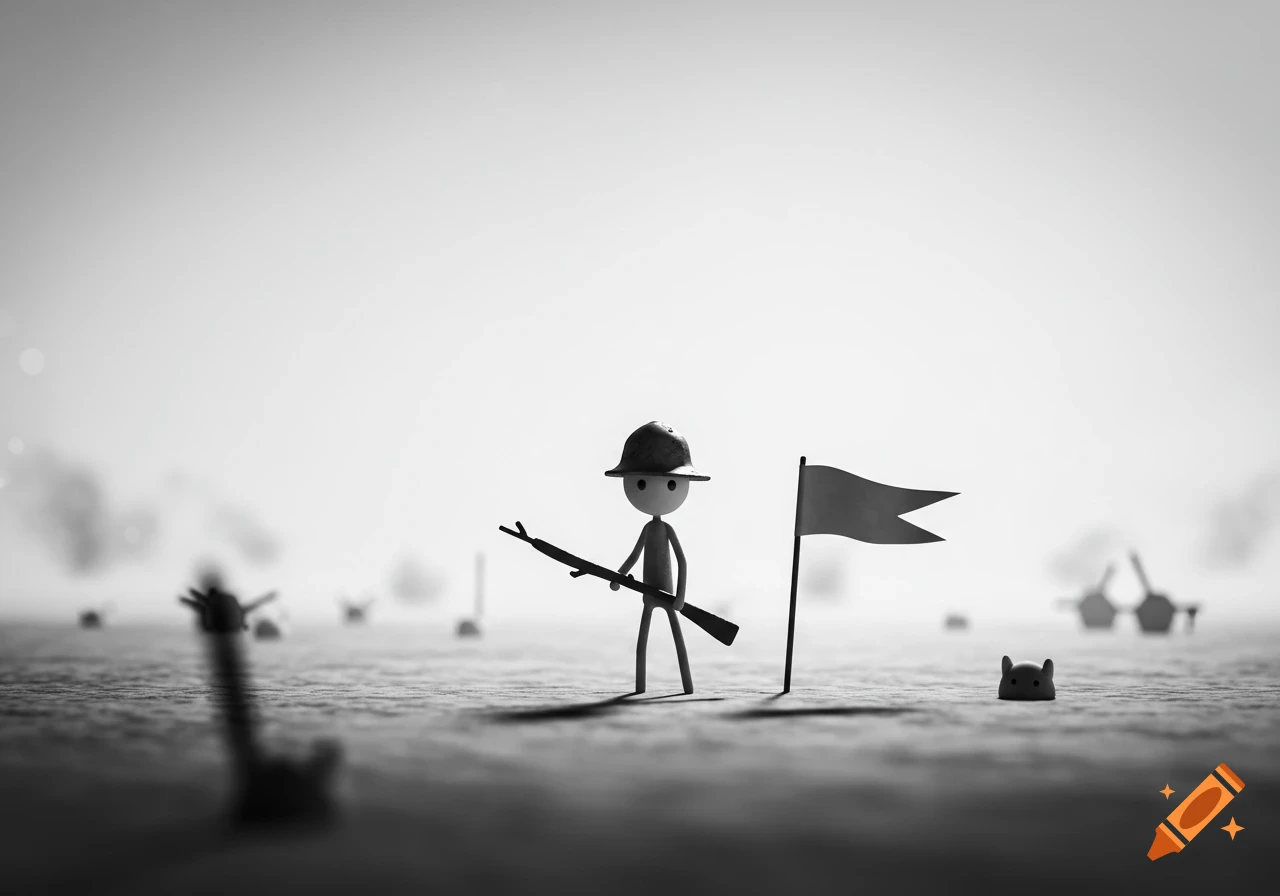 A monochrome image of a stylized stick-figure soldier with a rifle and helmet standing next to a flag in a desolate miniature landscape.