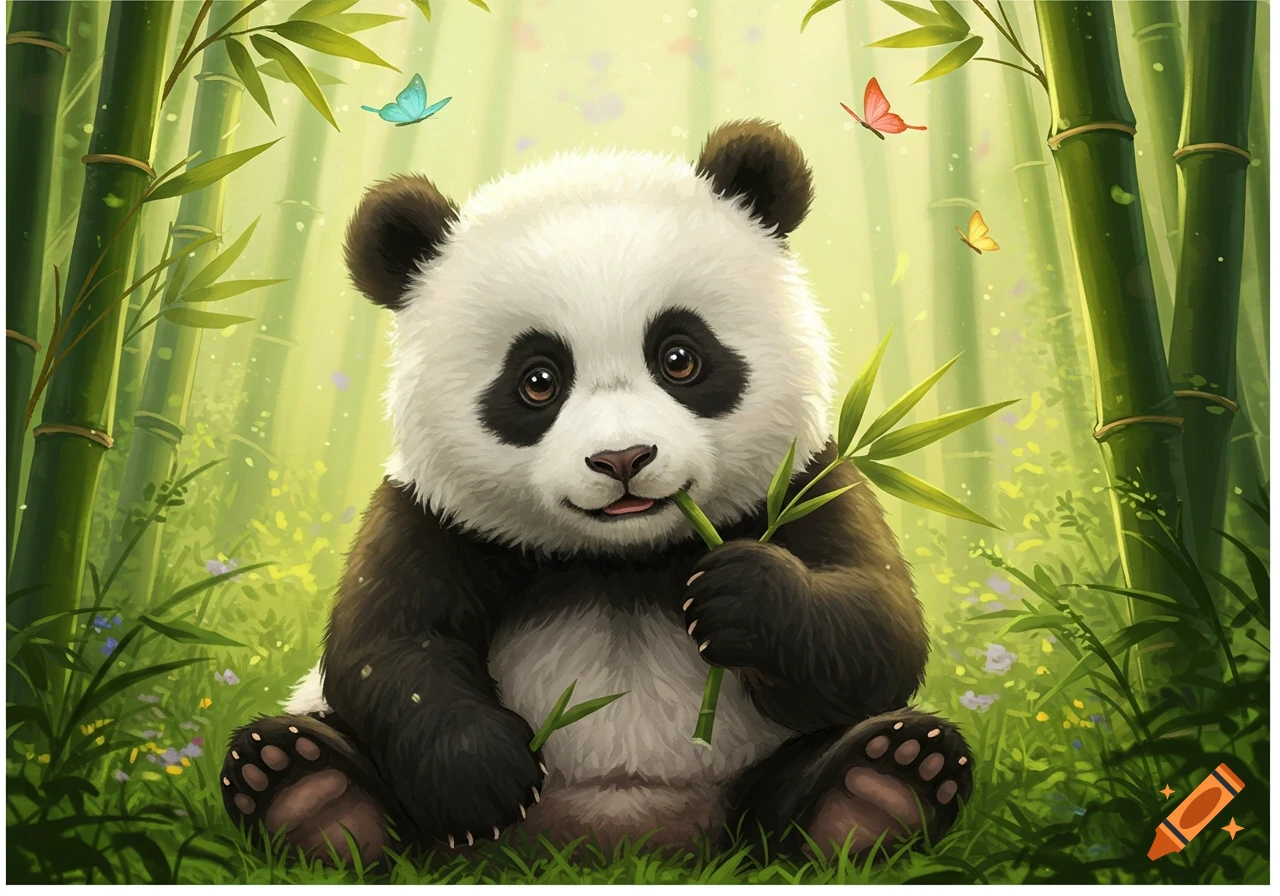 A cute, fluffy baby panda sits in a lush bamboo forest, happily chewing on a bamboo stalk, with colorful butterflies fluttering.
