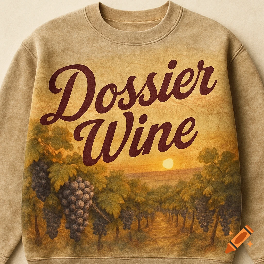 A vintage-style beige sweatshirt featuring a vineyard scene at sunset and the text "Dossier Wine" in maroon script.