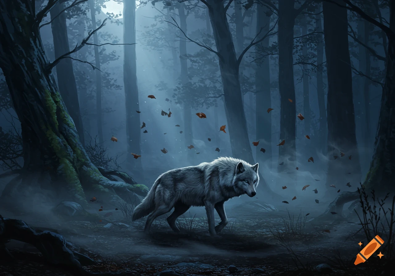 A white wolf with blue eyes walks through a dark, misty forest with light filtering through the trees and autumn leaves falling.