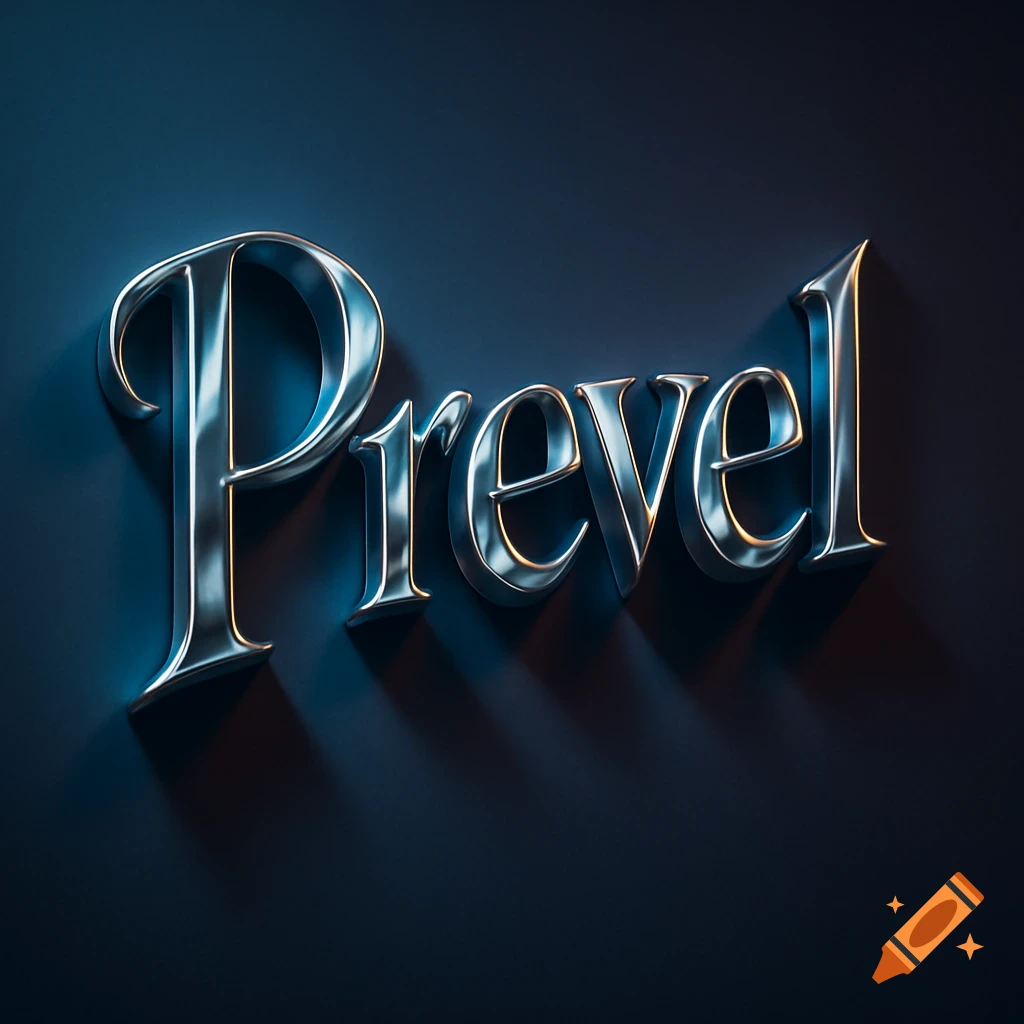 Shiny silver 3D rendering of the word "Prevel" with blue glowing edges on a dark blue background.