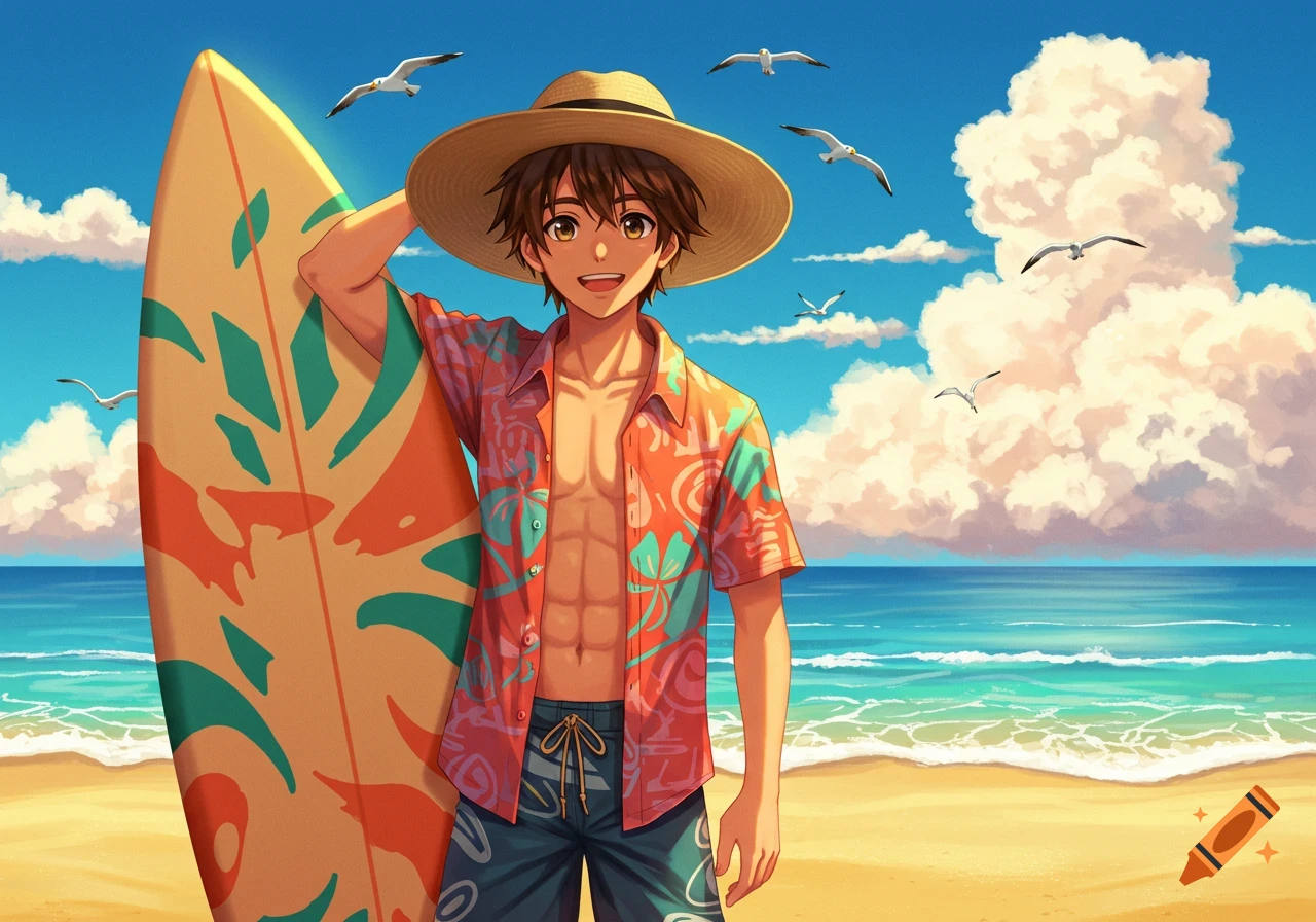 Smiling anime surfer boy with brown hair and a straw hat holds a surfboard on a sunny beach with seagulls flying.