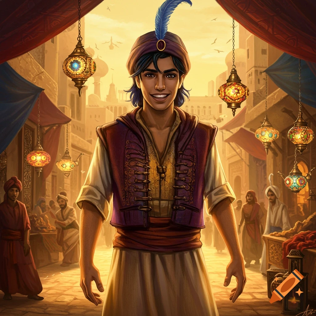 A young man resembling Aladdin smiles in a bustling Middle Eastern marketplace with ornate hanging lanterns at sunset.