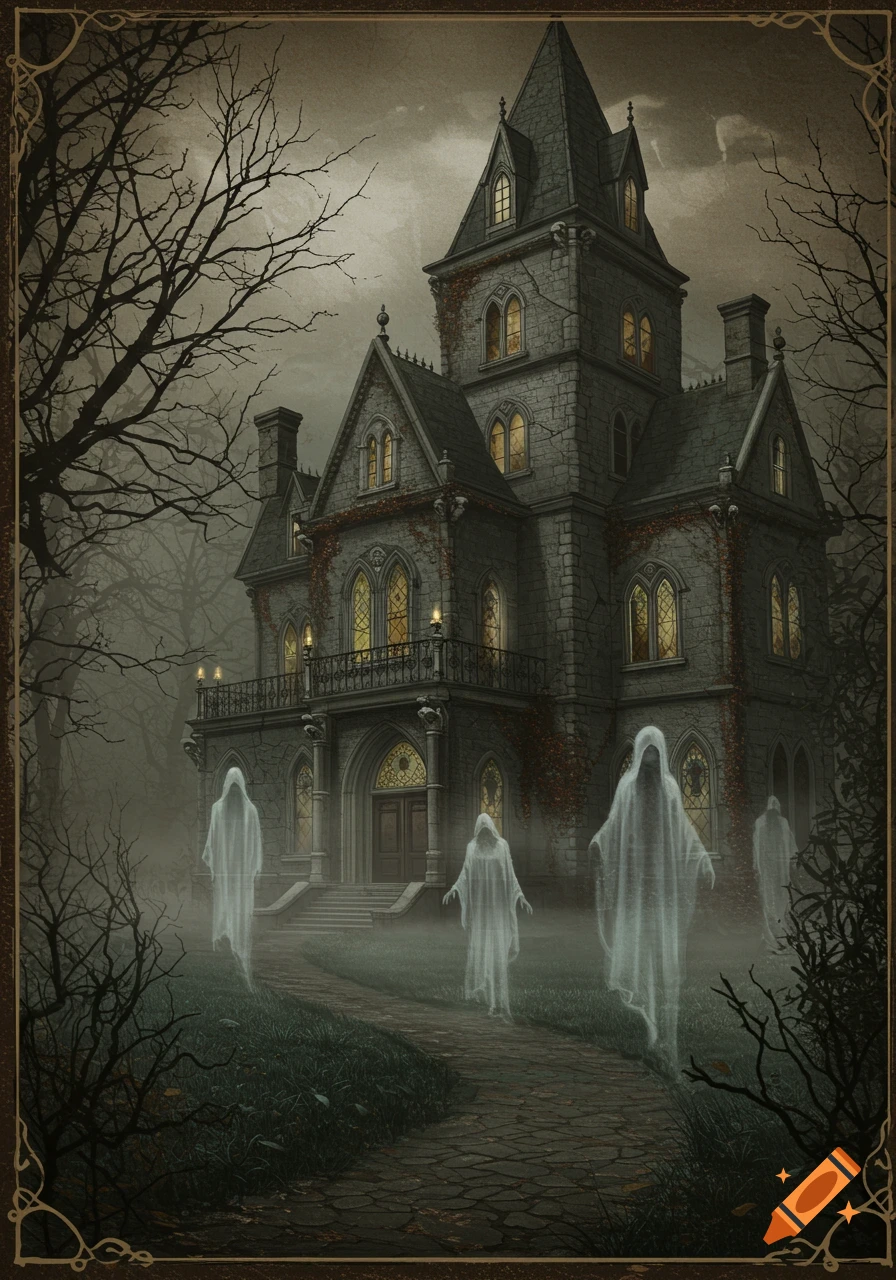 A vintage painting of a spooky gothic haunted house at dusk, with several ethereal white ghosts floating in the foggy foreground.