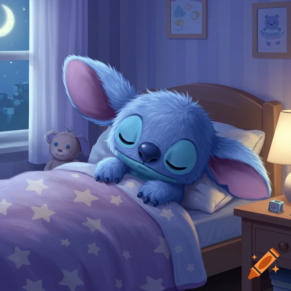 A fluffy blue creature resembling Stitch sleeps peacefully in a cozy bed under a star-patterned blanket, moonlight streams through the window.