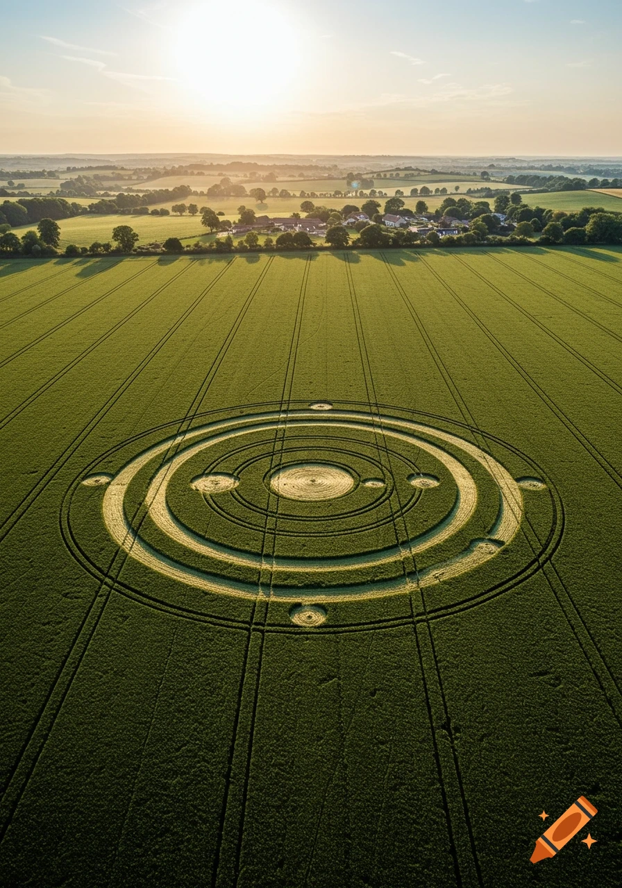 Aerial view of a complex crop circle design in a green field with a village and hills in the background under a bright sun.