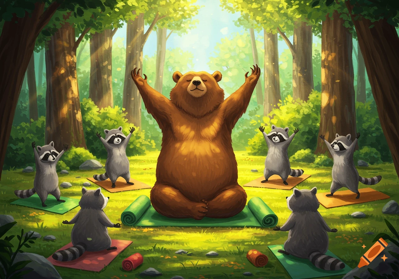 A cartoon bear in a meditative pose with arms raised and several raccoons doing yoga in a sunny forest.