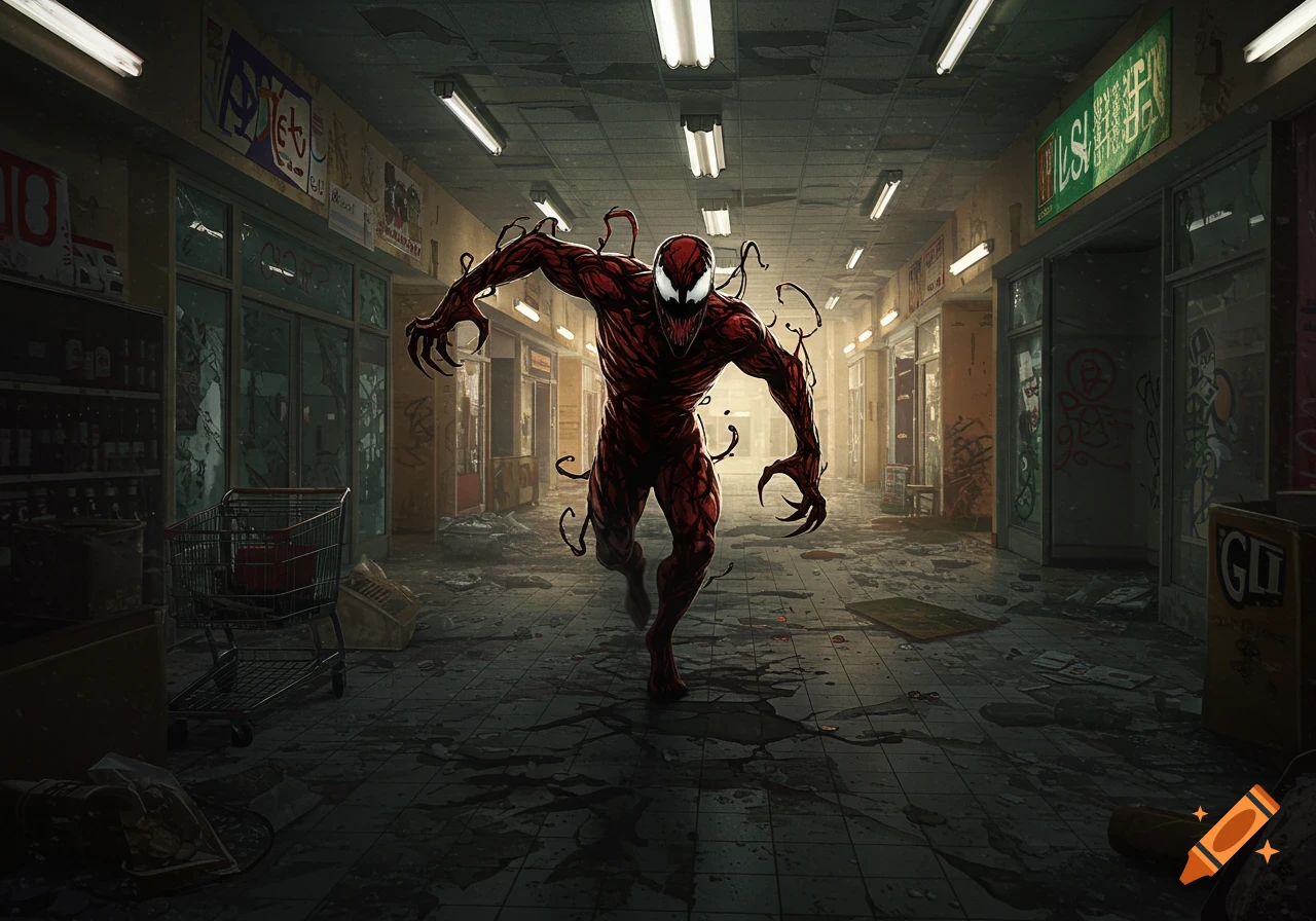 Carnage, a red and black monstrous figure, lunges forward in a dark, abandoned mall corridor with debris and broken storefronts, in a comic art style.