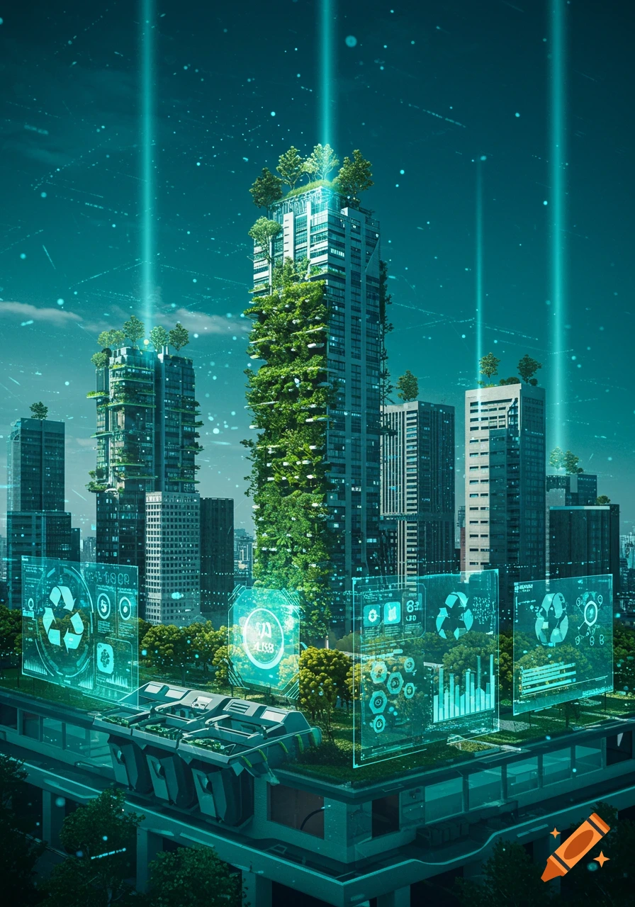 A futuristic cityscape with green, plant-covered skyscrapers and glowing holographic interfaces displaying sustainability data.