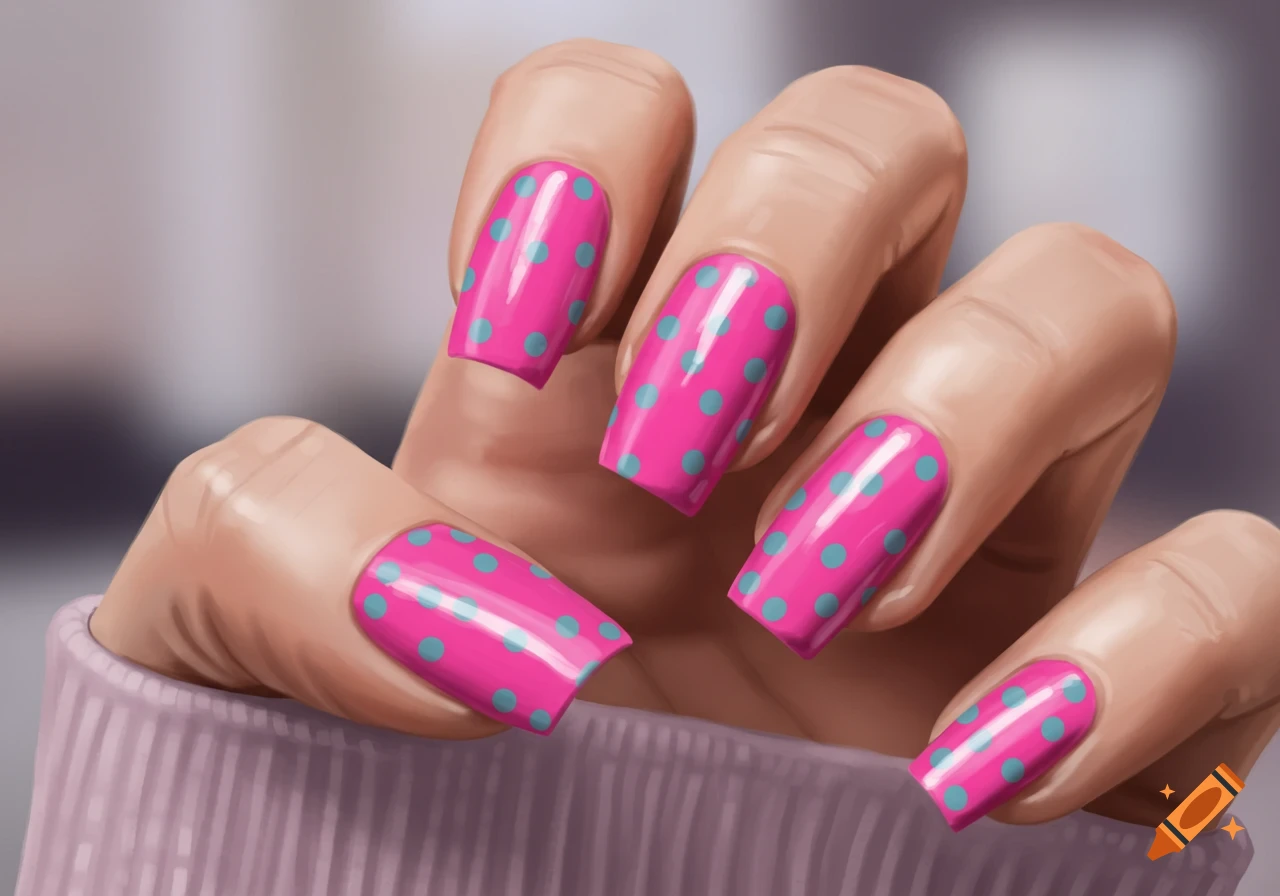 A hand with long, hot pink nails featuring periwinkle polka dots, rendered in a digital painting style.