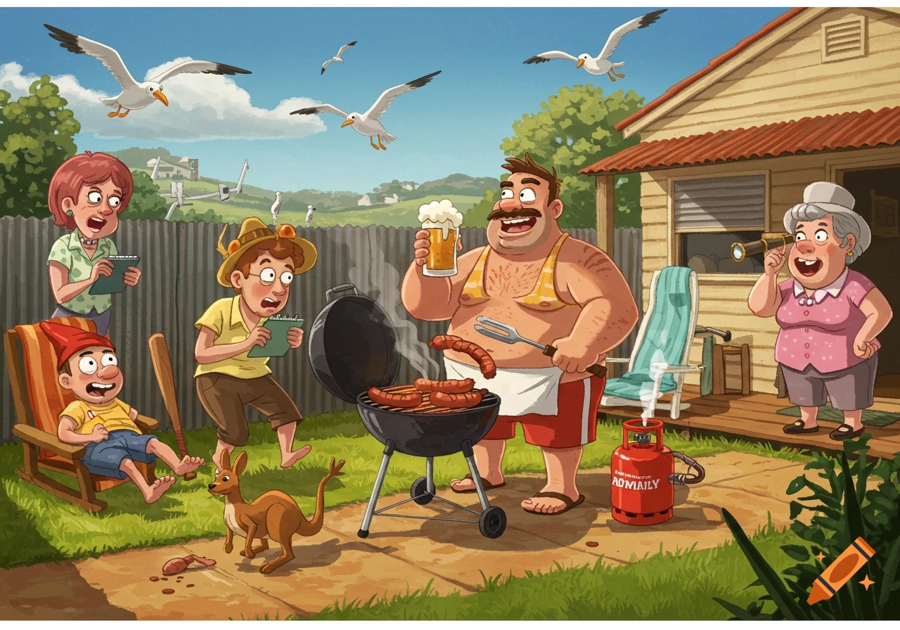 A cartoon family has a lively backyard barbecue with a man grilling sausages, others observing, and a kangaroo.