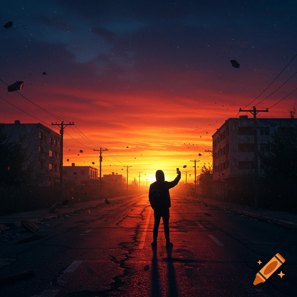 A person takes a selfie in a desolate, debris-strewn city street at sunset, with ruined buildings and a dramatic orange sky.