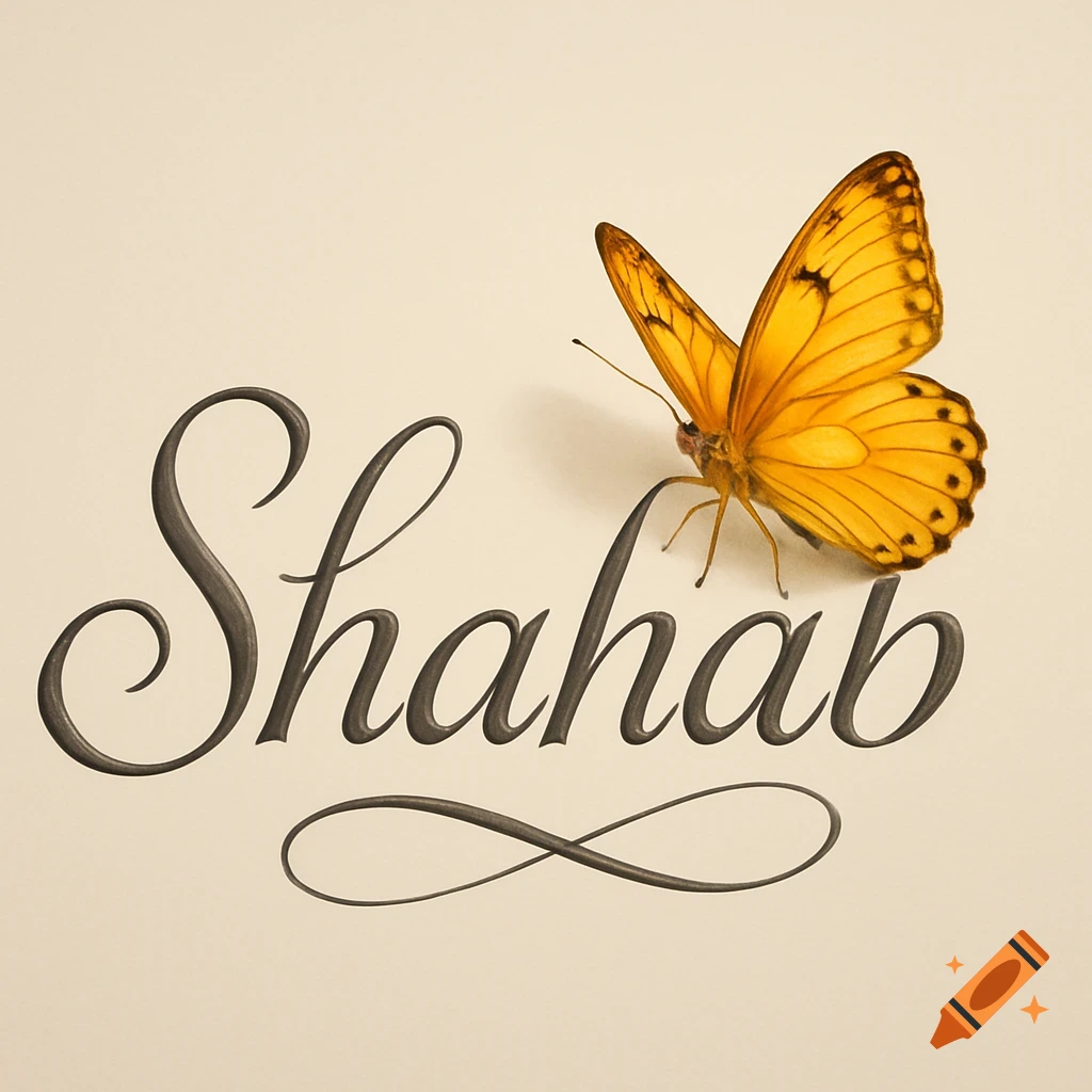 An elegant script font spells "Shahab" with a vibrant yellow butterfly perched on the text on a cream background.
