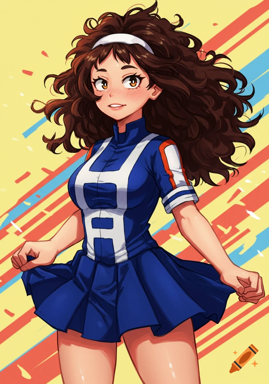 An anime girl with dark brown curly hair and a white headband, wearing a blue and white My Hero Academia-style uniform.