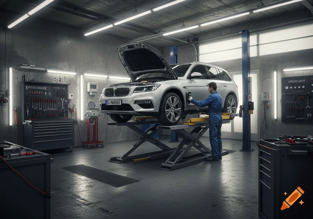 A mechanic inspects a silver SUV on a lift in a detailed, well-lit car repair garage with tools and equipment.