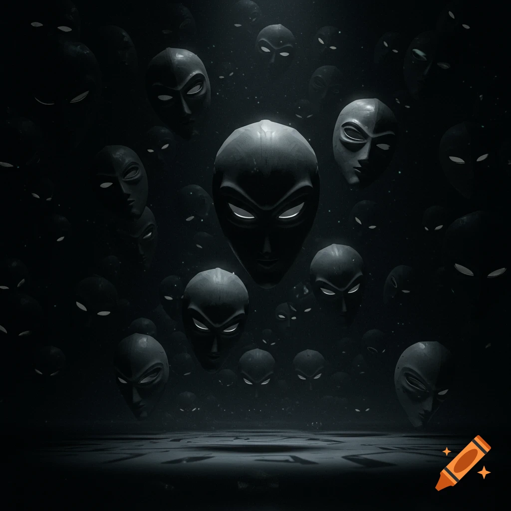 Many stylized dark masks with glowing white eyes float eerily in a vast, dark, cosmic void above a reflective floor.