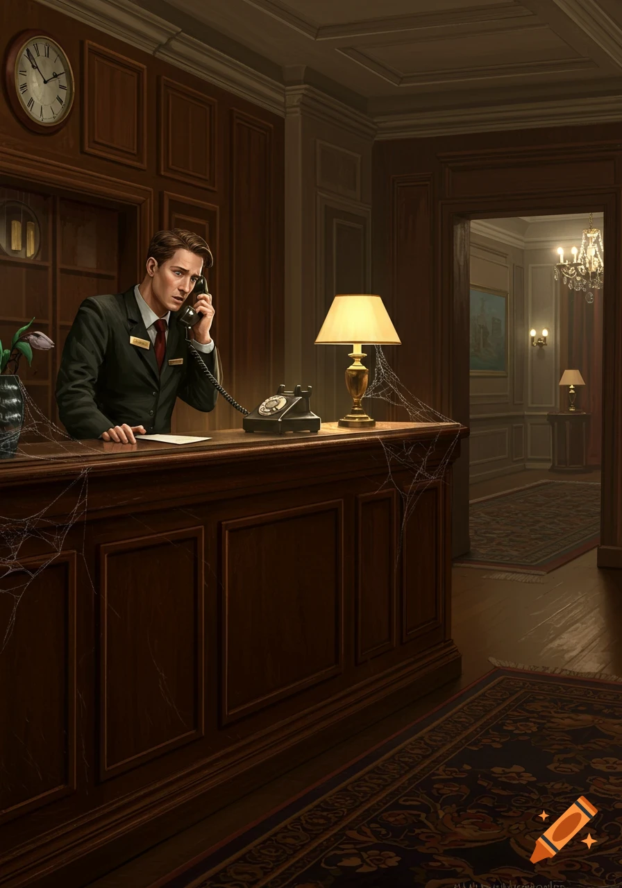 A man in a suit works at an old, cobweb-covered hotel front desk, talking on a vintage phone with a worried expression, in a dimly lit, ornate lobby.