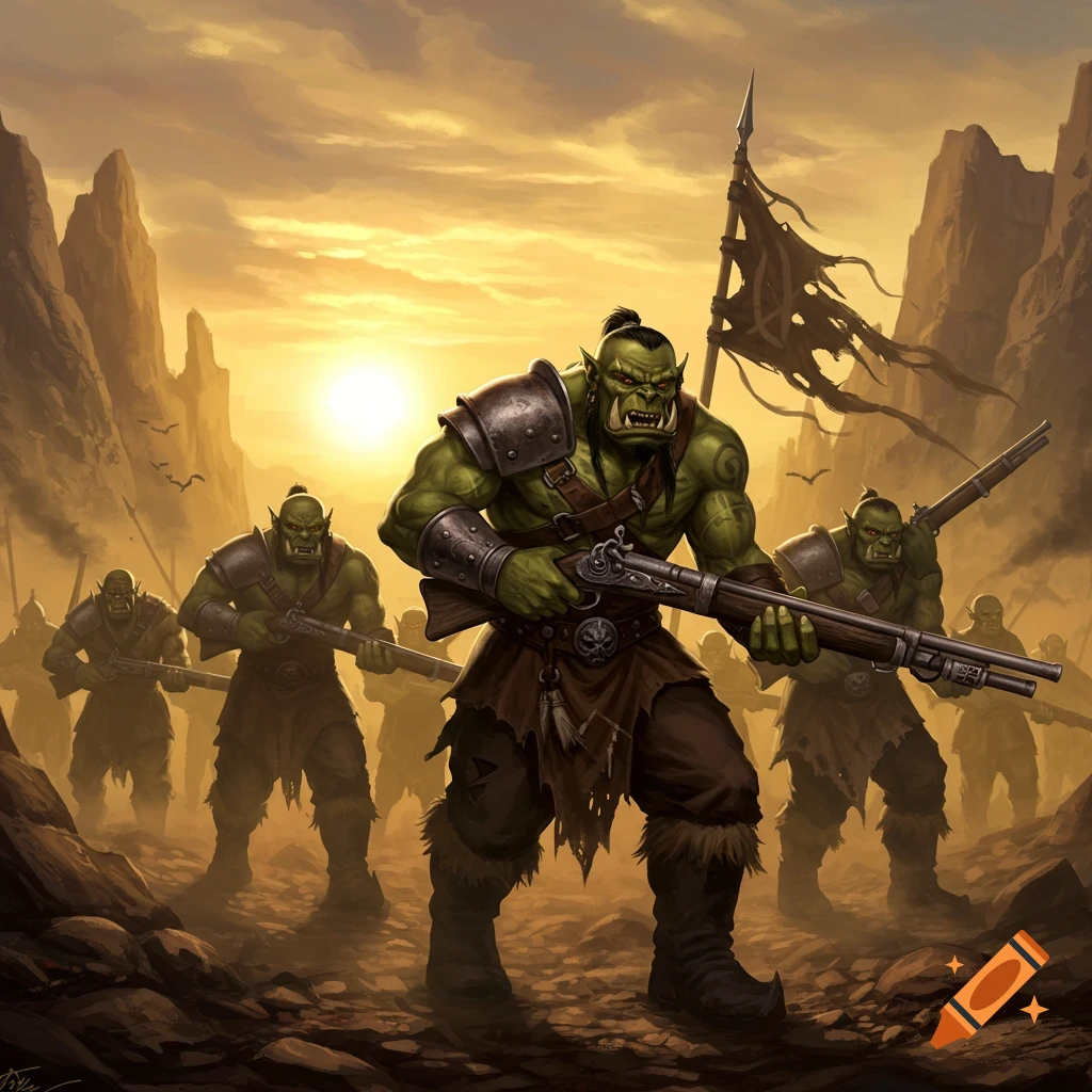 A group of green-skinned orc warriors with flintlock muskets and a tattered banner march at sunset through a rocky landscape.