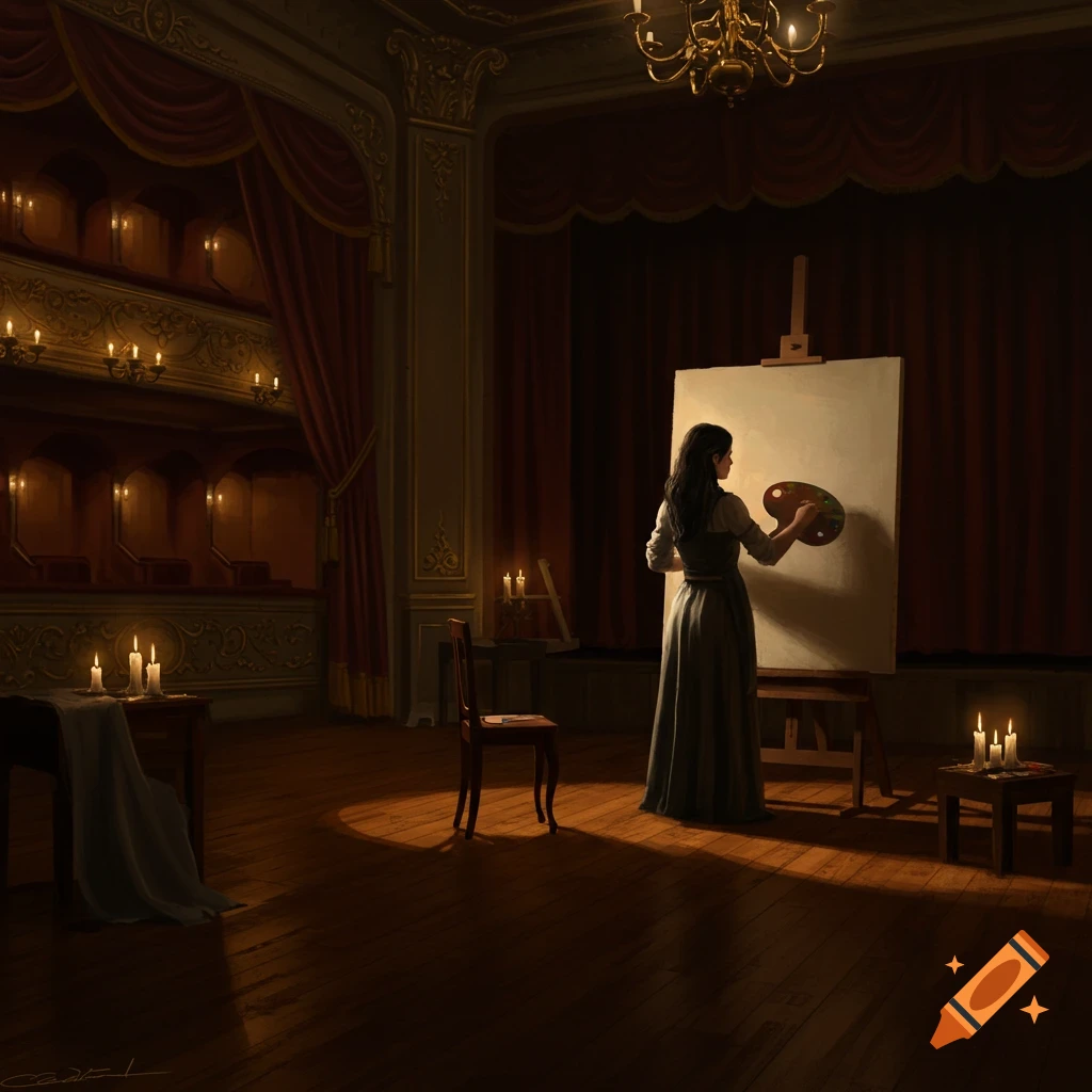 A woman in a long dress paints at an easel on a candlelit stage in a grand 19th-century theatre.