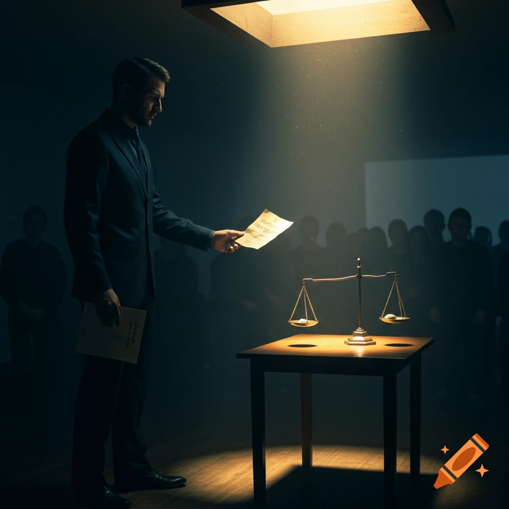 A man in a suit stands in a dimly lit room, holding papers near a glowing balance scale on a table, with silhouettes in the background.