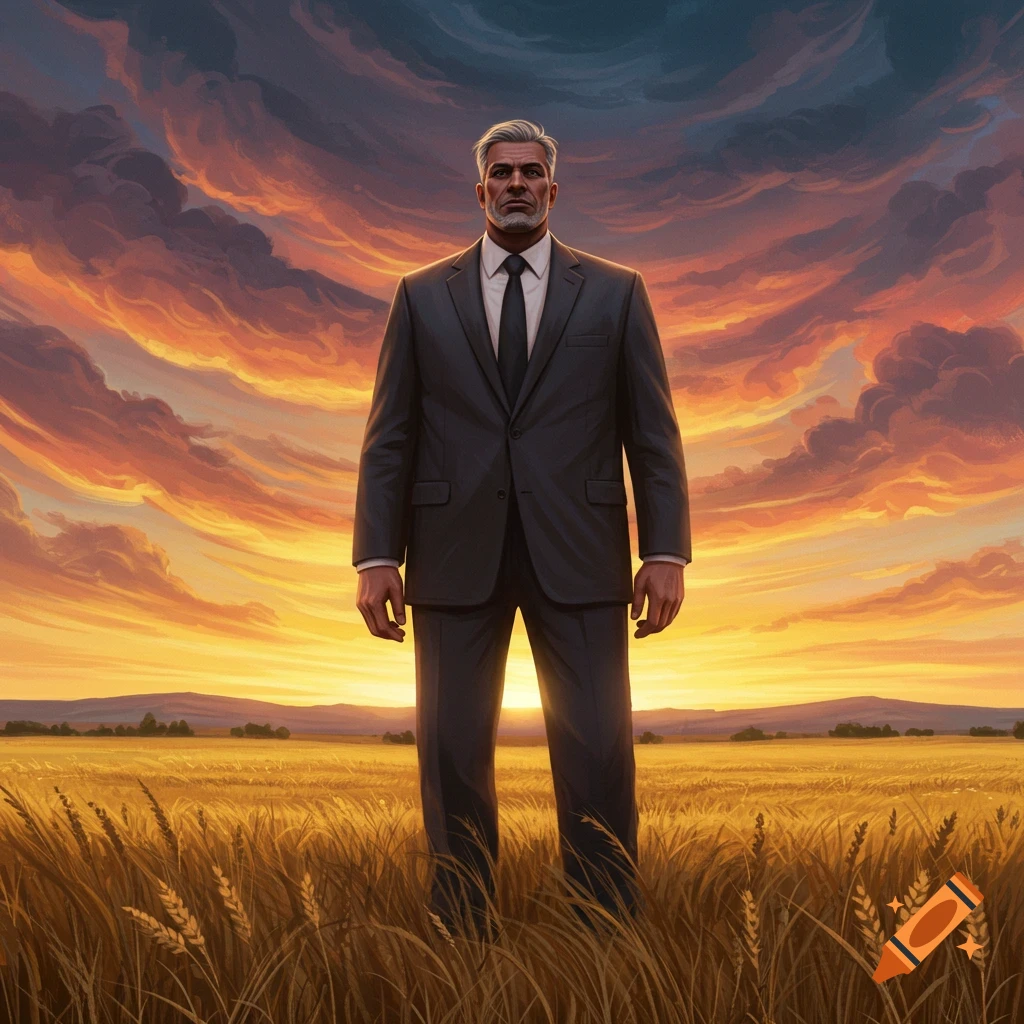 A serious man in a dark suit stands in a golden wheat field under a dramatic orange and blue sunset sky.