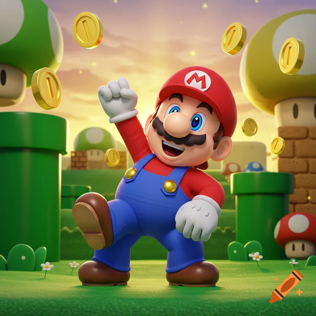 3D rendered image of a smiling Mario in a green grassy Super Mario Bros. level, surrounded by floating coins and pipes at sunset.