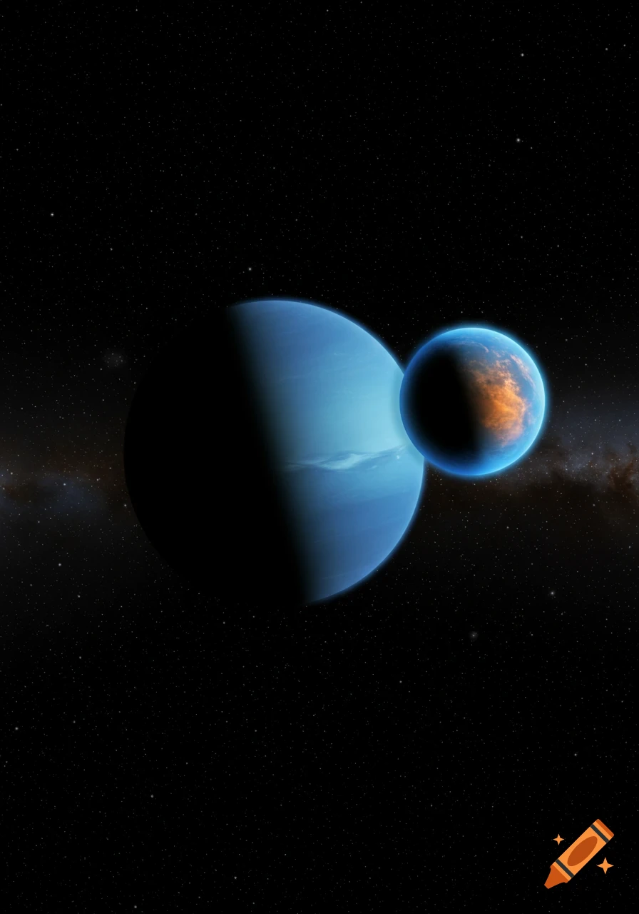 A large light blue gas giant planet partially shadowed, next to a smaller blue and orange planet in a star-filled space.
